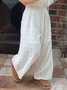 Hapijoa Young Girls Lace Embellished Casual Loose Wide-Leg Summer Mori Style Pants - White - View 1