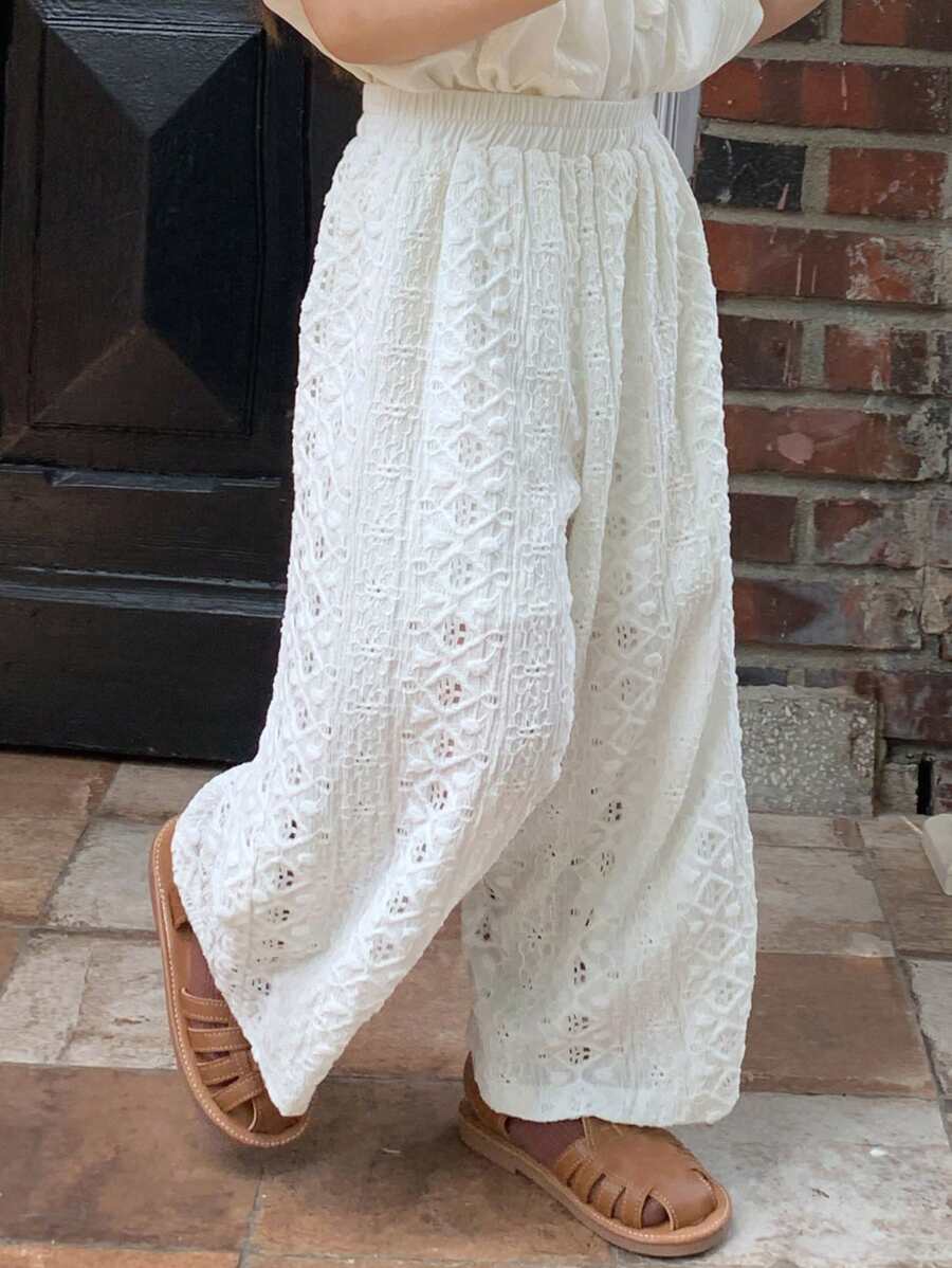 Hapijoa Young Girls Lace Embellished Casual Loose Wide-Leg Summer Mori Style Pants - White - View 1