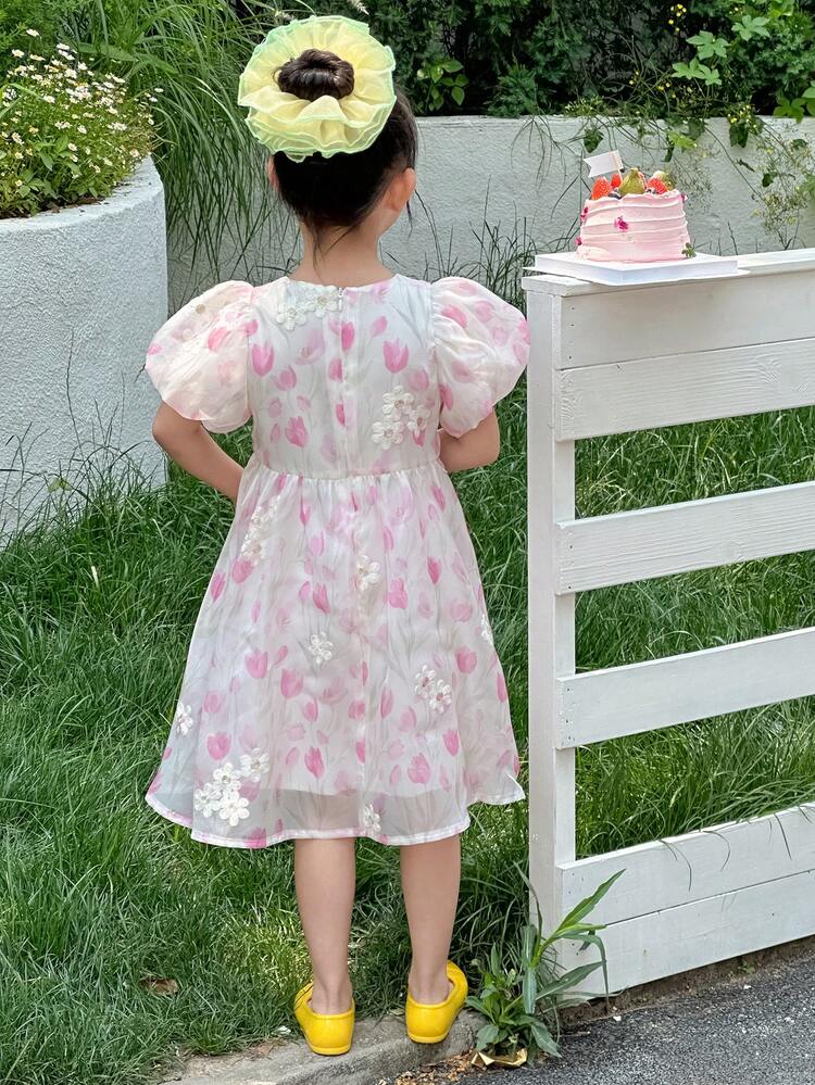 Young Girl Floral Print Round Neck Mid-Length Puff Sleeve Birthday Party Dress,Girls Summer Outfits Vacation