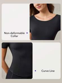 OutZeal 女士运动T恤 健身房锻炼上衣 收腹速干船领修身短袖运动上衣 - 黑色 - 查看 3