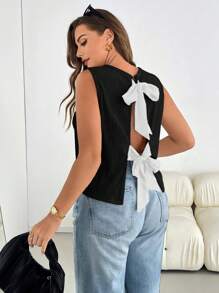 SHEIN Essnce Blusa sin espalda de tela texturizada cómoda y suelta de verano para mujer de talla grande, con lazo, sin mangas, de color negro, ideal para salidas, ropa estilo Y2K, verano europeo, Coachella, blusas de verano lindas, ropa occidental para mujer