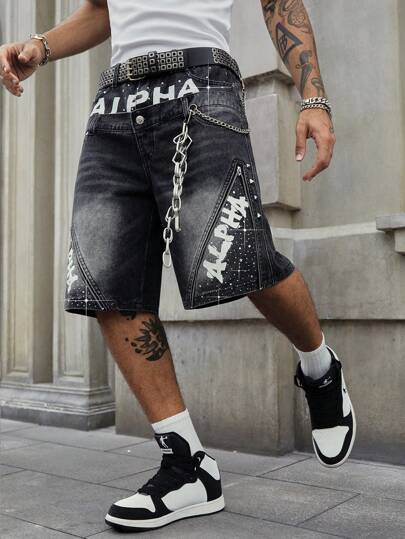 Street Life Short en jean pour hommes avec taille à double épaisseur, décoré de lettres brillantes et de diamants, avec une entrejambe de 6 pouces