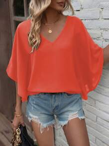 EMERY ROSE 女式休闲纯色V领短袖衬衫