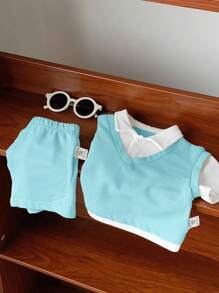 SHEIN 2 件套新生男婴/女婴绿白领开衫短袖上衣和短裤休闲装，适合上学、户外、居家 - 彩色 - 查看 7