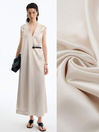 Aalyst Elegant V-Neck Sleeveless Dress With Draped Waistband And Metal Buckle Accent, Suitable For Office, Casual, Vacation, Spring/Summer