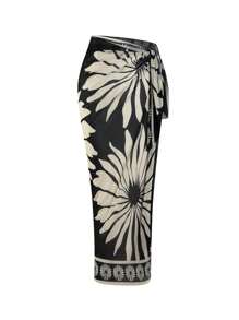 Swim Oasis 2pcs Plus Size Women High-End Oasis Black Camisole One Piece Swimsuit With Adjustable Straps & Printed Maxi Skirt, Summer Beach Resort Outfit,Modest Swimwear - Black - View 4