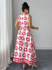Elenzga Mono bohemio de talla grande para mujer, con estampado tropical rojo, cintura alta y fluido, elegante y de moda para el verano