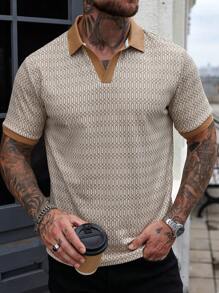 Manfinity Homme 男士时尚撞色V领纹理矩形图案提花休闲Polo衫 - 彩色 - 查看 1