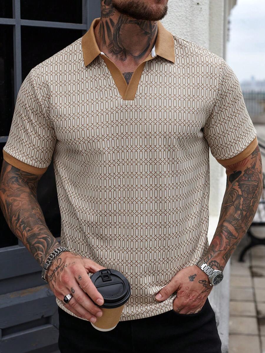 Manfinity Homme 男士时尚撞色V领纹理矩形图案提花休闲Polo衫 - 彩色 - 查看 1