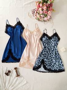 少女三件套：牡丹花边开衩下摆吊带背心，海军蓝和香槟色豹纹印花