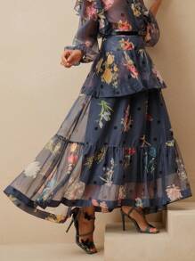 Anewsta 女士花卉和波尔卡圆点印花荷叶边下摆优雅A字裙，适合度假穿着 - 寶藍色 - 查看 5