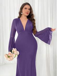 Firerie Vestido largo de malla con cuello en V profundo, mangas largas abombadas y doble volante, de color marrón sólido, talla grande, para mujer - Morado - Ver 4