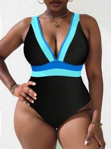 SHEIN Swim Curve Traje de baño de una pieza con cuello en V profundo, efecto bicolor y espalda descubierta, adecuado para mujer talla grande, perfecto para el verano y la playa