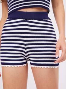 WESTFADE Summer Stripe High Rise Crochet Trim Fitted Sweater Knit Micro Shorts Summer Beach Vacation - Navy Blue - View 2