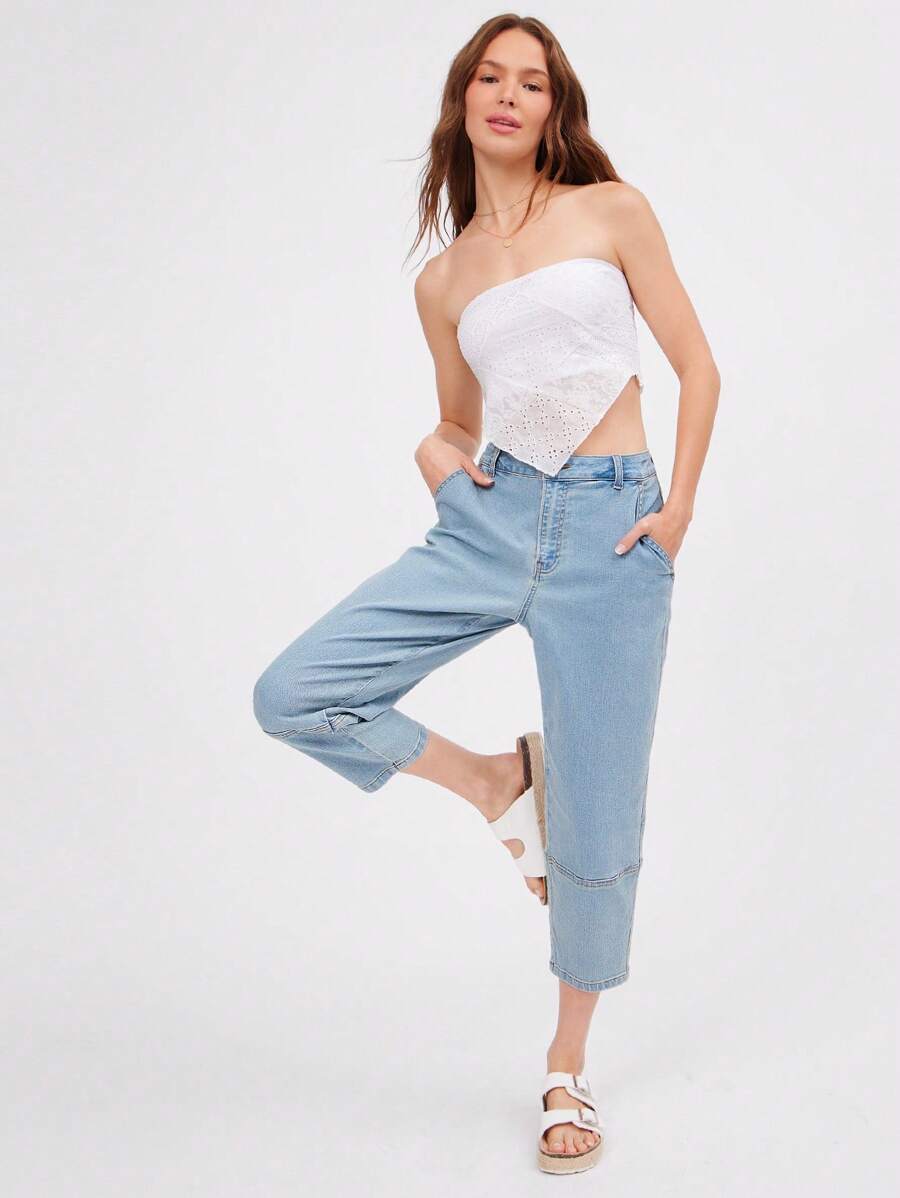 WESTFADE High Rise Utility Seaming Cropped Barrel Leg Cotton Blend Denim Jeans Summer Nashville Western Cowgirl Rodeos - Light Wash - View 1