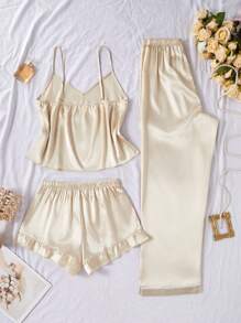 SilkySpell Set de 3 piezas de pijama con camiseta de tirantes, pantalón corto y pantalón largo de unicolor de seda sintética, para vacaciones