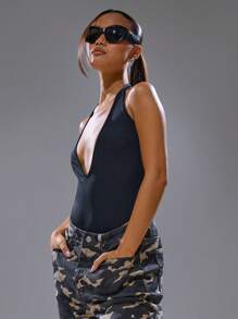 MUSERA Halter Neck Plunge Thong Bodysuit Spring, Summer, Streetwear, Y2k, Cool Girl,City Muse