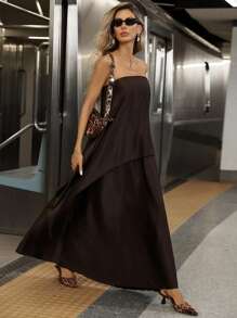 Siren Gaze 优雅夏季必备深棕色缎面不对称露肩飘逸下摆长裙 | 生日派对和约会之夜 - 巧克力棕 - 查看 3