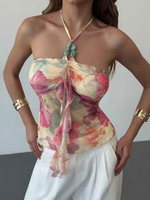 Aloruh Áo không tay cổ yếm xếp nếp in hoa dành cho nữ, thích hợp cho kỳ nghỉ hè trên bãi biển, lễ hội nhạc đồng quê Boho Tropical Rave, Ibiza, trang phục miền Tây - Nhiều màu - Xem 2