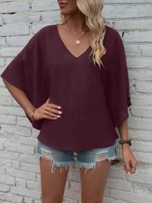 EMERY ROSE 女士纯色V领蝙蝠袖宽松休闲衬衫，夏季 - 酒紅色 - 查看 4