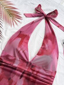 Soleia Vestido mini halter con volantes y estampado floral, estilo vacacional para mujer - Multicolor - Ver 3