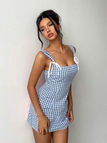 Aloruh Y2K Cute Young Girl Plaid Mini Strap Dress - Blue and White - View 4