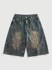 ROMWE MEN Street Life Blugi de vară vintage largi, cu strasuri albastre pentru bărbați