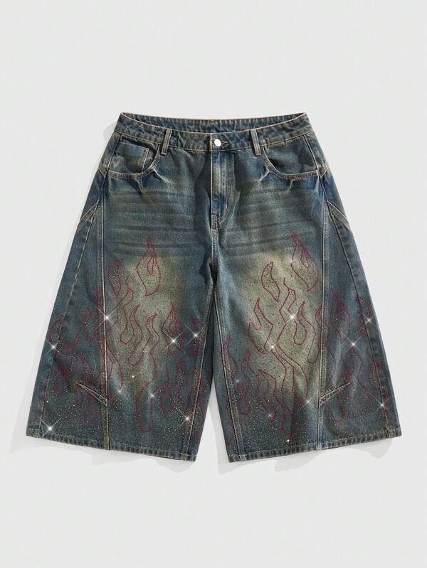 ROMWE MEN Street Life Men's Street Style Blue Rhinestone Embellished Loose Vintage Fashion Summer Jeans