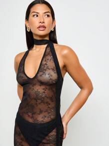 AiiRZ Sheer Lace Halter Neck Midi Dress Delicate Floral Pattern Night Out Party Club Dance Special Occasion Overlay Evening Wear - Black - View 7