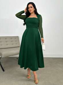 SHEIN Privé Vestido largo de corte evasé sin mangas talla grande para mujer, vestido verde de cuello alto, ajustado con ribete de volantes y abertura lateral, para otoño y vuelta al colegio