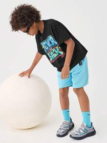 SHEIN Leap Crew Tween Boys' Casual Street Graffiti Letter Print Round Neck Loose Fit T-Shirt With Solid Color Knitted Shorts Set - Multicolor - View 5