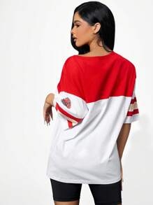 SHEIN SXY Colourblock & Letter Graphic Drop Shoulder Longline Tee - Red - View 2