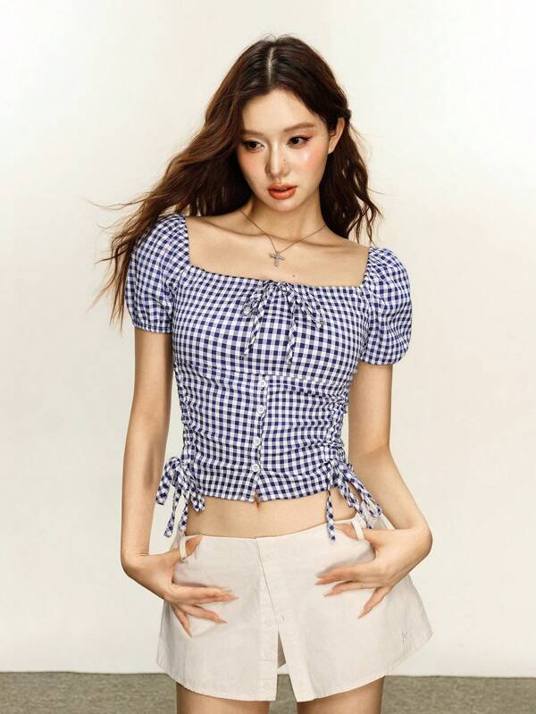 Rina Fox Women's Casual Bowknot Decor Single Breasted Puff Sleeve Shirt