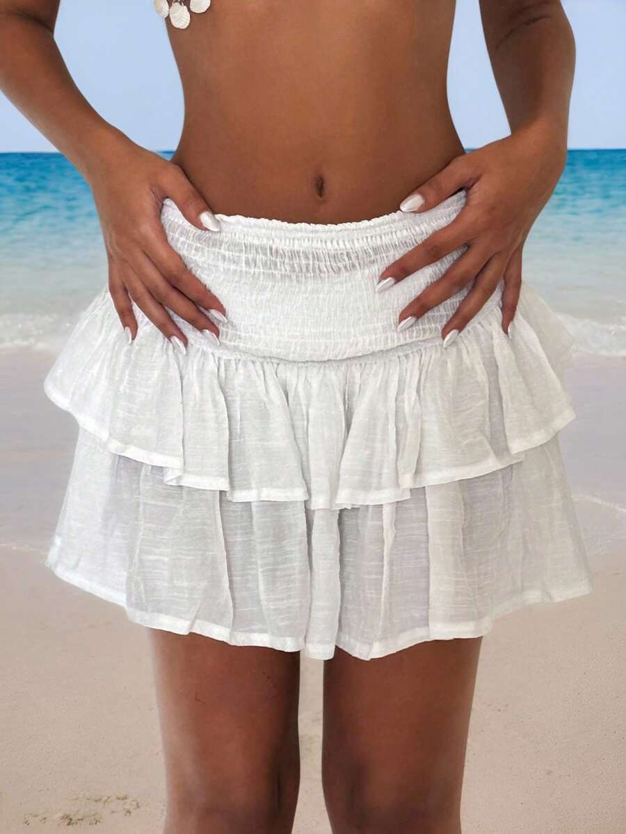 EgrlEra Women White Ruffled Hem Vacation Beach Cover-Up Skirt For Summer - White - View 1