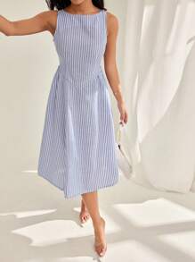 SHEIN PETITE Women's Casual Striped Sleeveless Dress, Summer - Blue and White - View 3