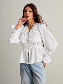 SHEIN Tall Camicia donna casual a maniche a palloncino con collo a cravatta in tinta unita, autunno, bianco - Bianco - Visualizzare 4