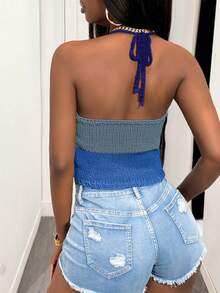 Slaydiva Suéter de punto con cuello halter sin espalda y parches de colores contrastantes para mujer - Azul - View 2