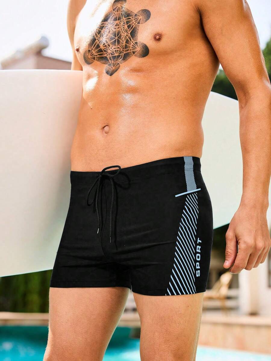 Manfinity Swimmode Men's Contrast Stripe Swim Trunks, Vacation Beach Shorts - Black - View 1