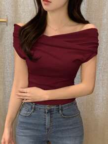 DAZY Women's Solid Color Off Shoulder Short Sleeve T-Shirt, Spring/Summer - Burgundy - View 4