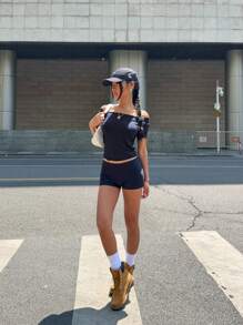 INAWLY 女式纯色圆领短袖休闲 T 恤，夏季图案 T 恤女式上衣 - 藏蓝色 - 查看 6