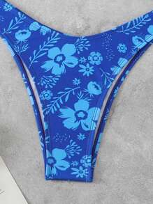 Swim Mod Women's Floral Printed Ruched Bandeau Bikini Set, Suitable For Holiday, For Summer Beach Vacation - Blue - View 4