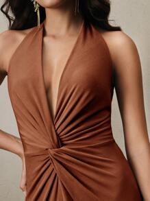 Anewsta Vestido mini sexy con cuello halter francés, cintura recortada con abertura, estilo de verano de alta gama