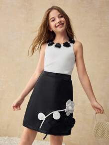 Ontre Tween Girl Casual Textured Flower Decor A-Line Skirt - Black - View 5