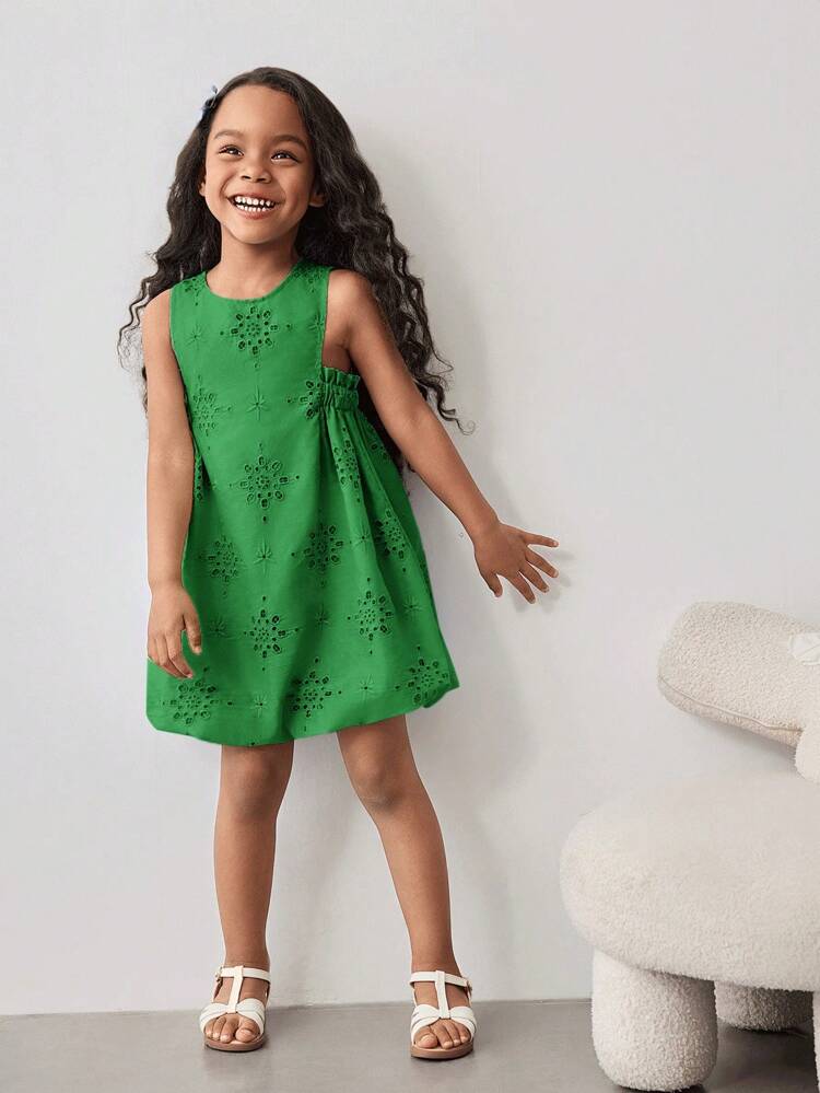 Spring & Summer Young Girl's Casual Fashion Vacation & Daily Wear Sleeveless Fitted Waist Hollow-Out Embroidered Puff Dress