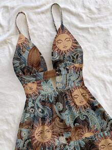 Soleia Casual Resort Style Blue Sun God Paisley & Cashew Retro Pattern Women's V-Neck Hollow-Out, Backless Ruffled Hem Mini Dress, Suitable For Summer Vacation,Boho Clothes Women