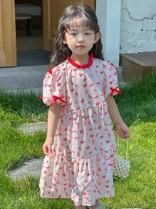 DAZY Young Girls' Round Neck Full Print Bowknot Sweet Mid-Length Dress,Girls Summer Outfits