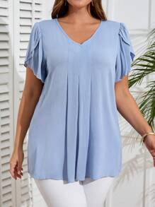 EMERY ROSE 大码女式纯色V领花瓣短袖休闲衬衫，夏季 - 薄荷藍 - 查看 7