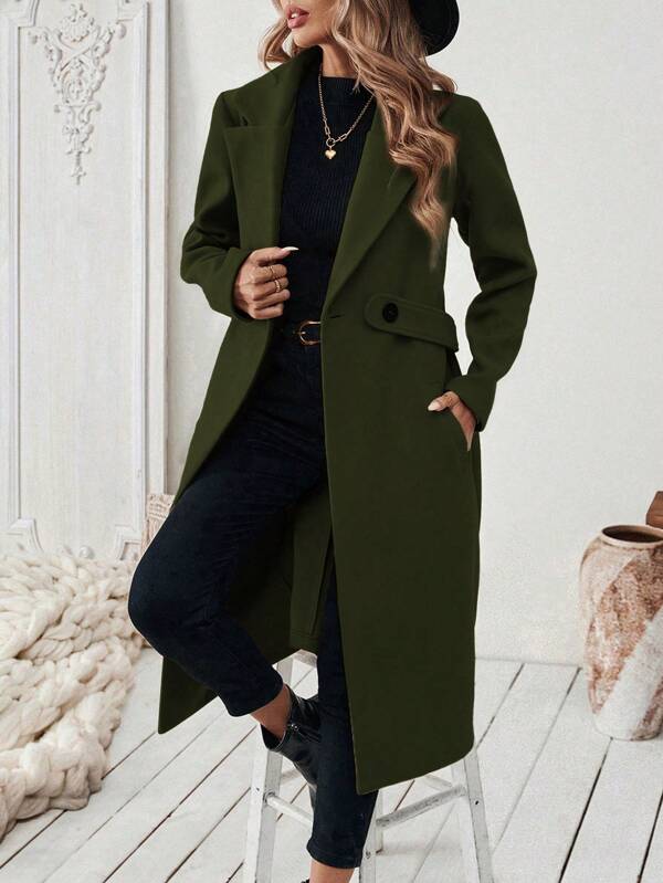 Calvaya Halloween Women's Solid Color Simple Notched Collar Long Sleeve Coat, Daily Wear Long Coat Women Olive Green Coat Long Jacket For Women