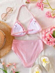 Traje de baño para adolescentes - Tela acanalada rosa con decoraciones de accesorios con criaturas acuáticas, conjunto de ropa de baño