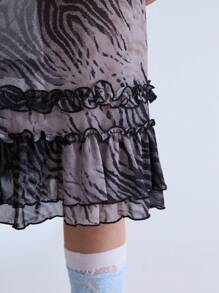COUREZ Vestido camisero mini con estampado animal y volante en el bajo / Conjunto de ropa de verano estilo callejero Y2K para mujer, vestidos de verano vintage - Multicolor - Ver 7